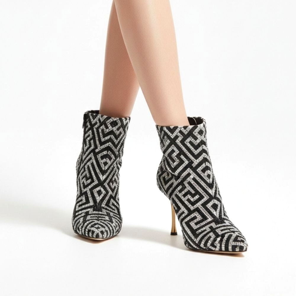 INC Embellished Bootie Black Silver Beaded Geometric Gold Heel Women Boots 7 NEW